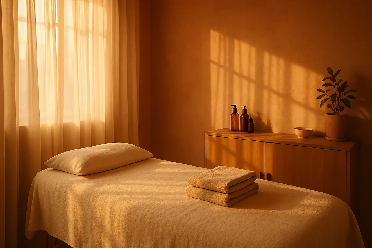 Warm, sunlit treatment room with soft golden light